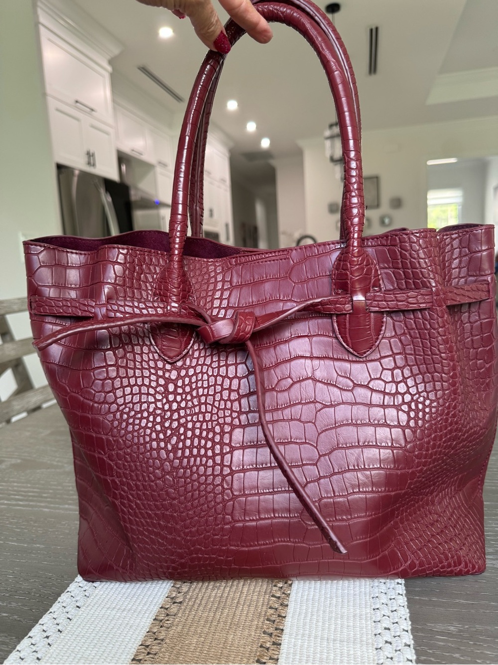 Croc-Embossed Tote Bag in Deep Burgundy